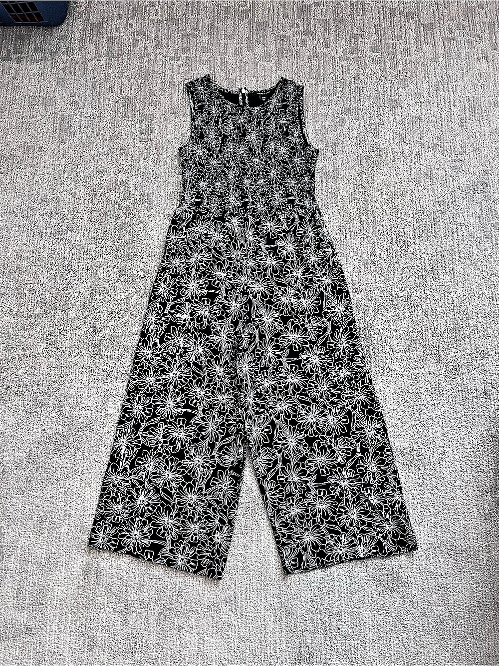 Andrew Marc Women's Smocked Jumpsuit Floral Black & White XS